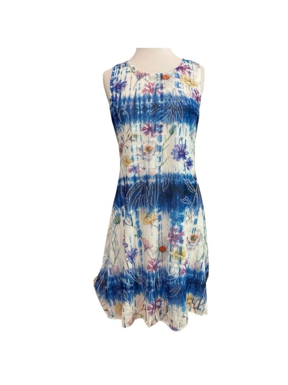 Alison Sheri  dress sleeveless white floral prints blue tie dye round medium